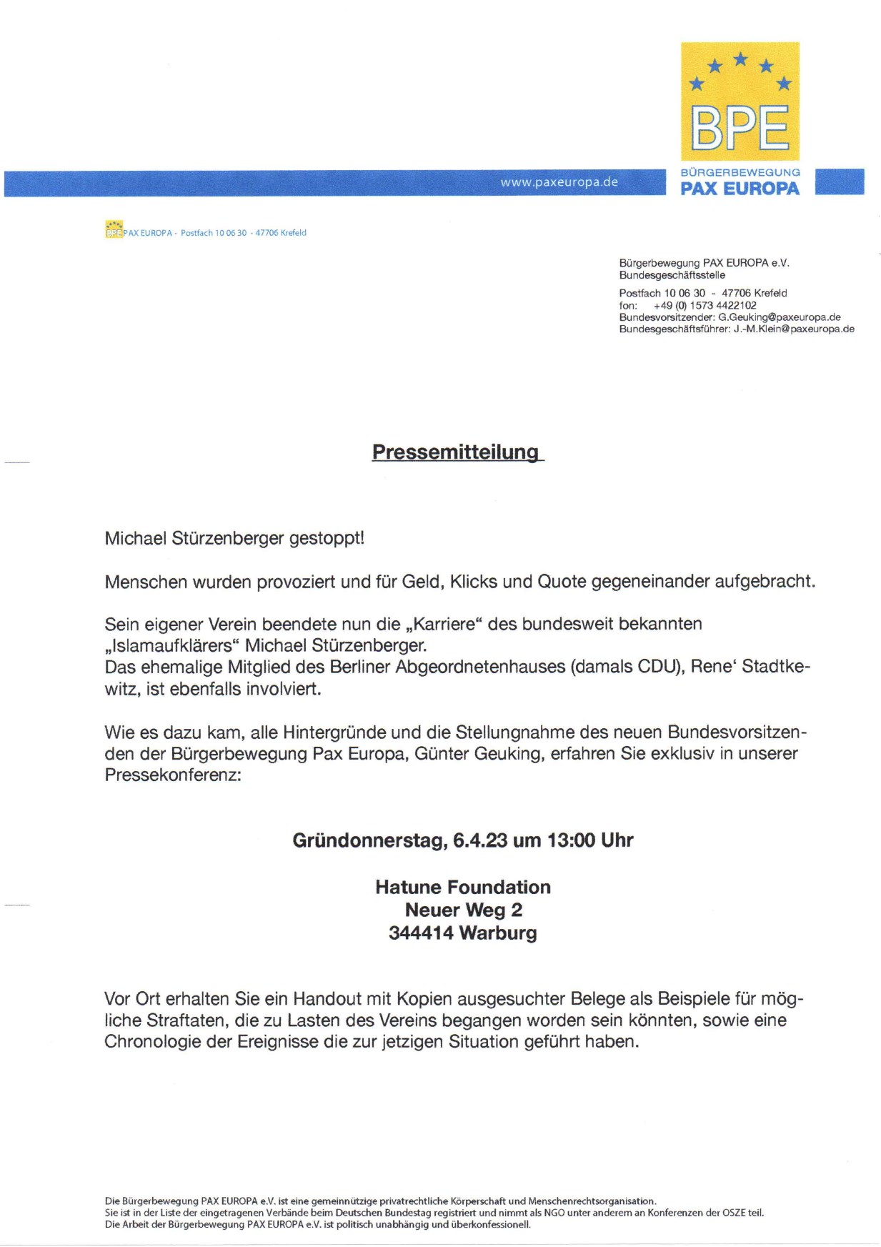 BPE Pressemitteilung 30.03.2023 - Pressekonferenz PAX Europa - Michael Stürzenberger