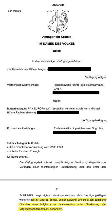 Urteil Michael Stürzenberger BPE Mitglied Vorstand Bürgerbewegung PAX Europa